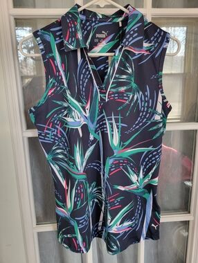 Puma Navy Tropical-Print Sleeveless Polo with Green & Teal Accents